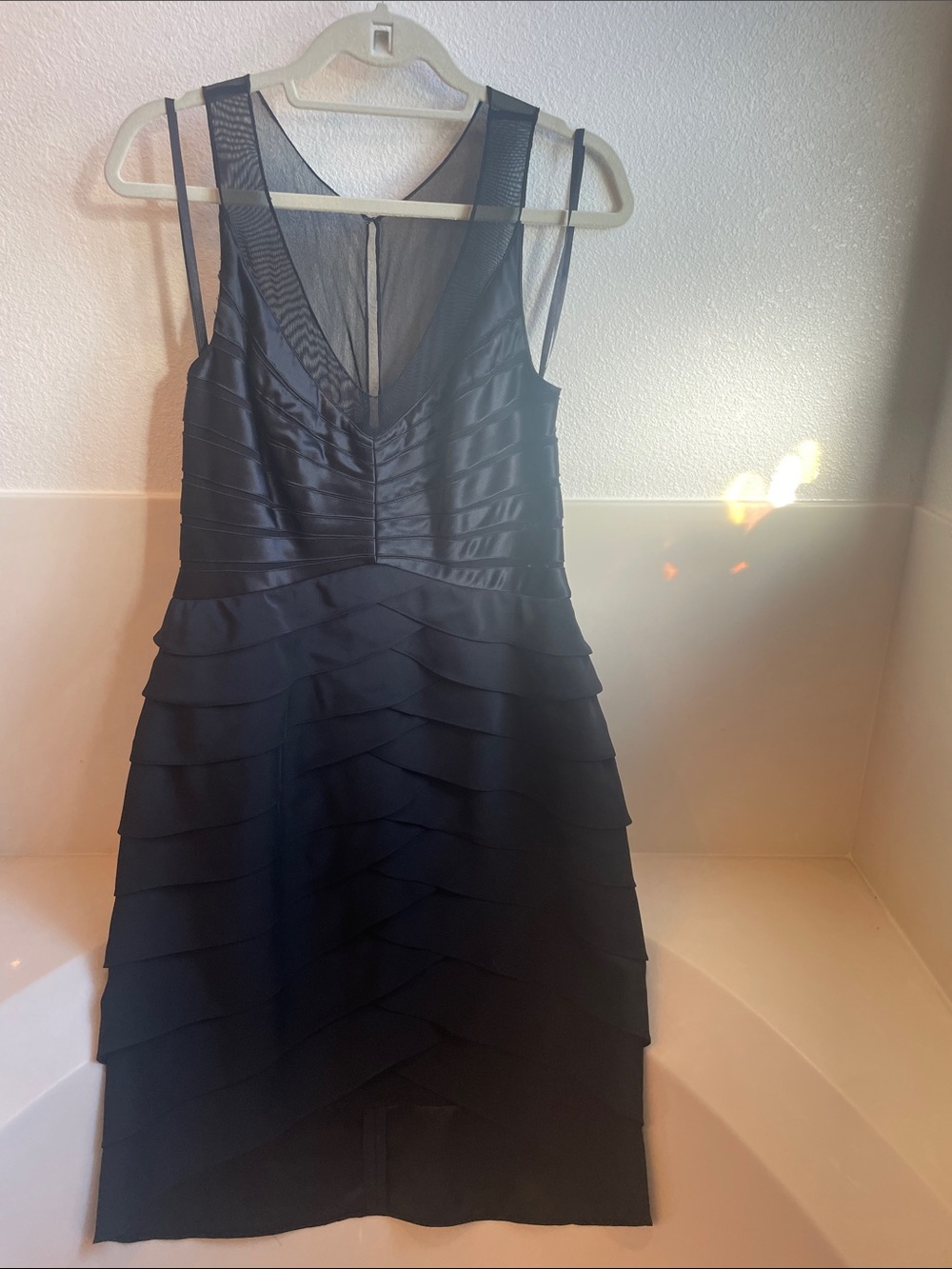 Xscape Black Tiered V-Neck Midi Dress with Sheer Inset